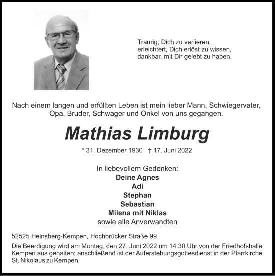 Traueranzeige von Mathias Limburg von Zeitung am Sonntag