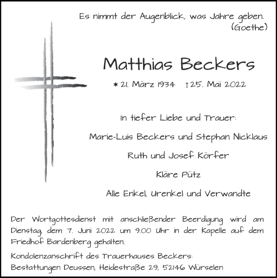 Traueranzeige von Matthias Beckers von Zeitung am Sonntag