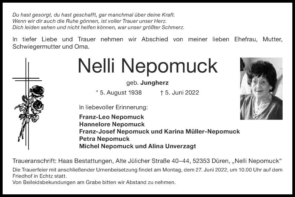  Traueranzeige für Nelli Nepomuck vom 19.06.2022 aus Zeitung am Sonntag