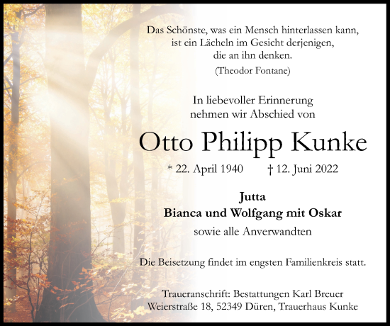 Traueranzeige von Otto Philipp Kunke von Zeitung am Sonntag