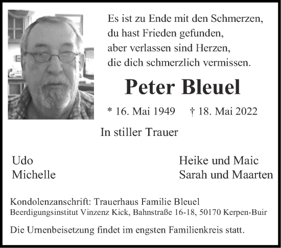 Traueranzeige von Peter Bleuel von Zeitung am Sonntag