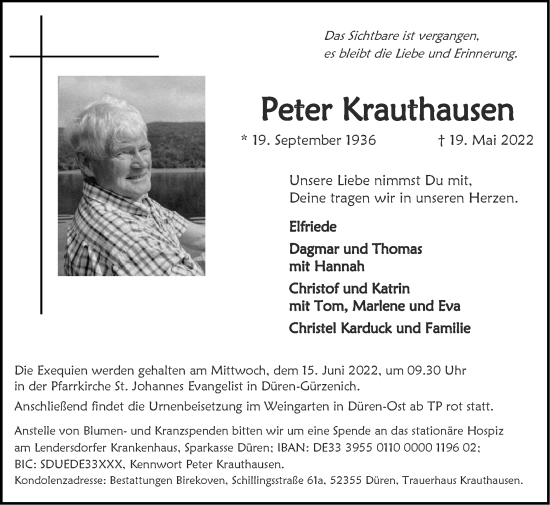 Traueranzeige von Peter Krauthausen von Zeitung am Sonntag