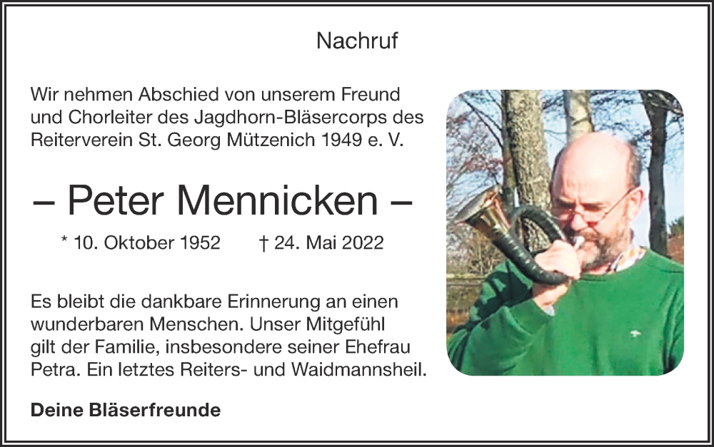  Traueranzeige für Peter Mennicken vom 05.06.2022 aus Zeitung am Sonntag