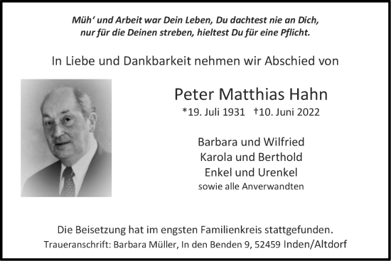 Traueranzeige von Peter Matthias Hahn von Zeitung am Sonntag