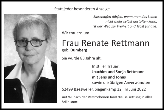 Traueranzeige von Renate Rettmann von Zeitung am Sonntag