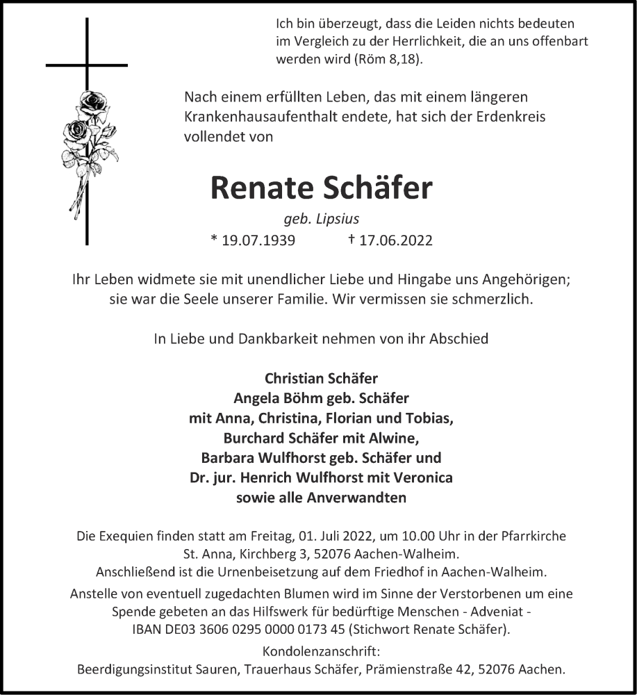  Traueranzeige für Renate Schäfer vom 25.06.2022 aus Aachener Zeitung / Aachener Nachrichten