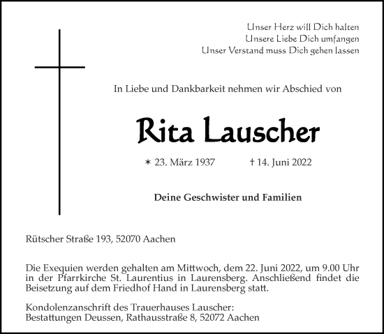Traueranzeige von Rita Lauscher von Aachener Zeitung / Aachener Nachrichten
