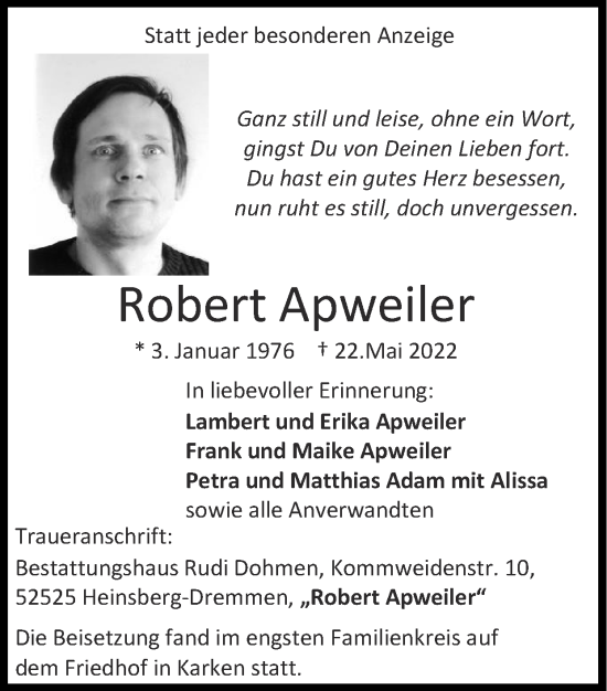 Traueranzeige von Robert Apweiler von Zeitung am Sonntag