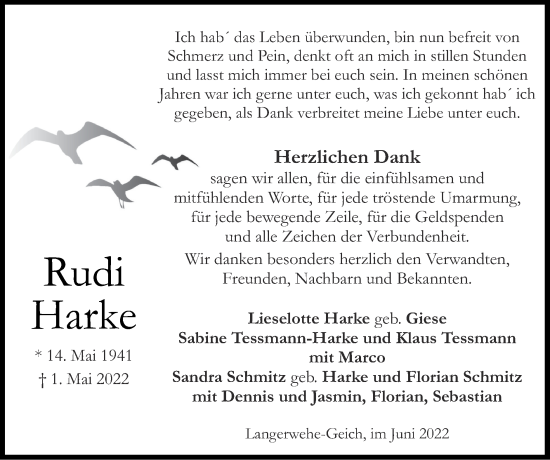 Traueranzeige von Rudi Harke von Zeitung am Sonntag