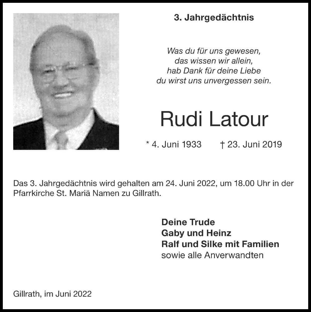 Traueranzeige für Rudi Latour vom 19.06.2022 aus Zeitung am Sonntag