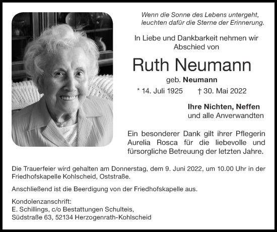 Traueranzeige von Ruth Neumann von Zeitung am Sonntag