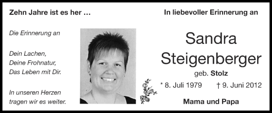 Traueranzeige von Sandra Sreigenberger von Zeitung am Sonntag