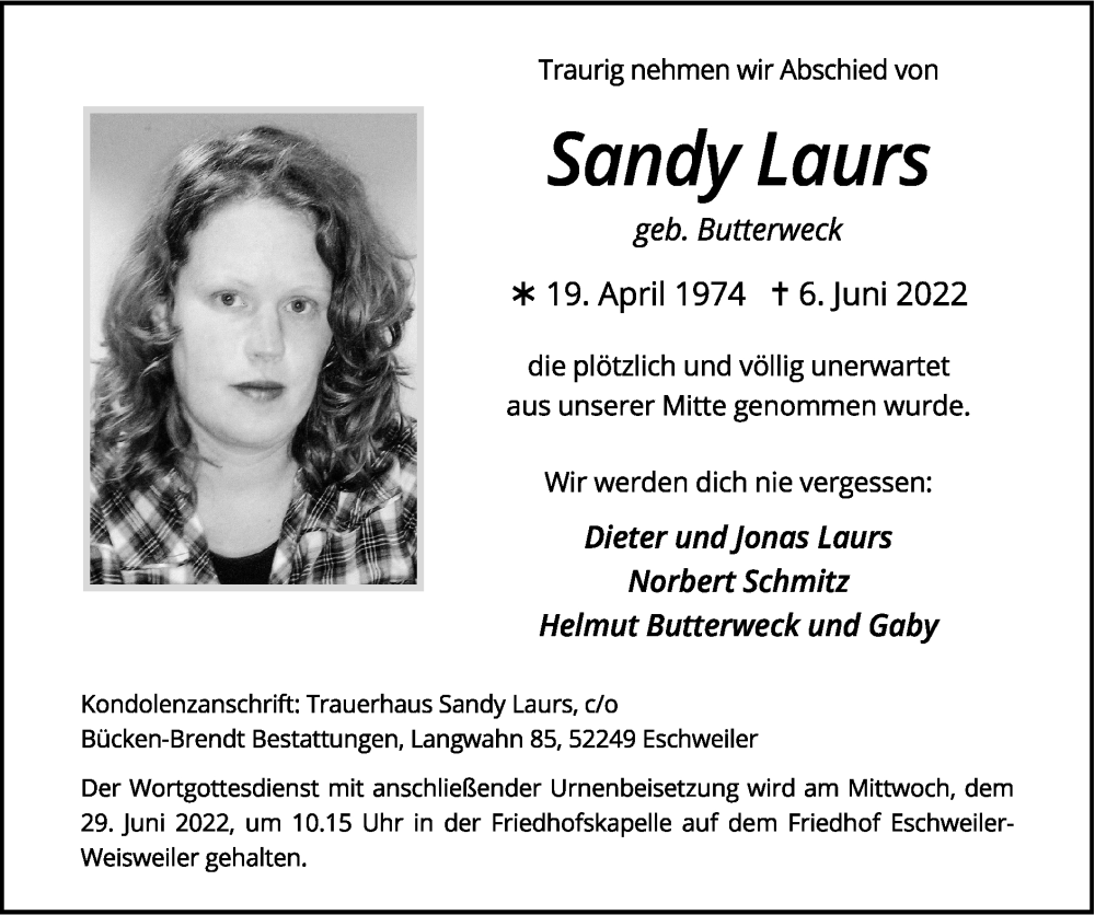 Traueranzeige für Sandy Laurs vom 19.06.2022 aus Zeitung am Sonntag
