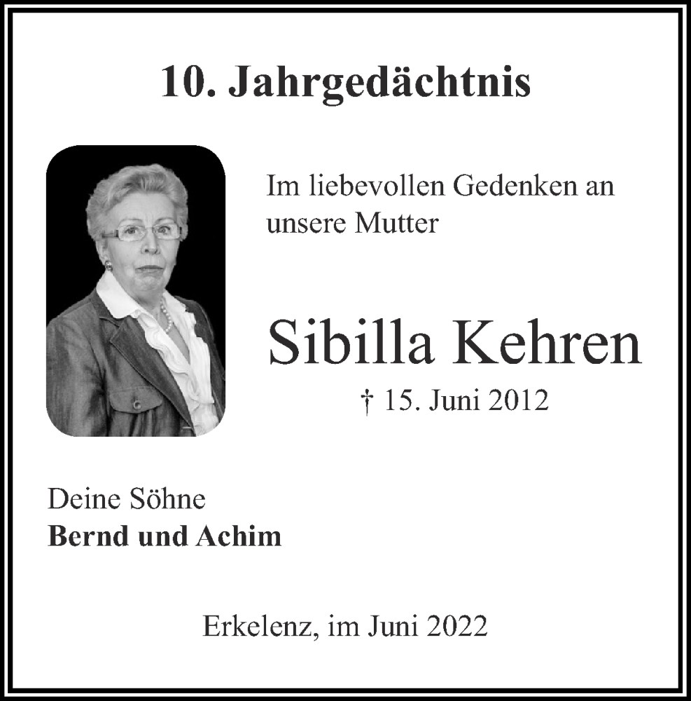  Traueranzeige für Sibilla Kehren vom 12.06.2022 aus Zeitung am Sonntag