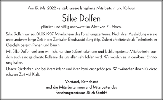 Traueranzeige von Silke Dolfen von Aachener Zeitung / Aachener Nachrichten