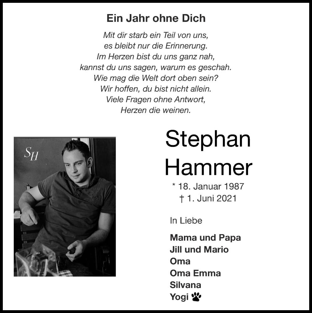  Traueranzeige für Stephan Hammer vom 05.06.2022 aus Zeitung am Sonntag