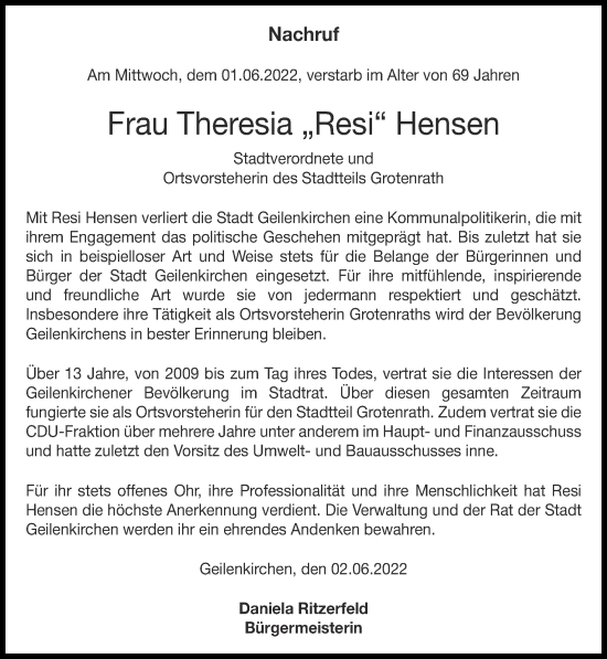 Traueranzeige von Theresia Hensen von Zeitung am Sonntag