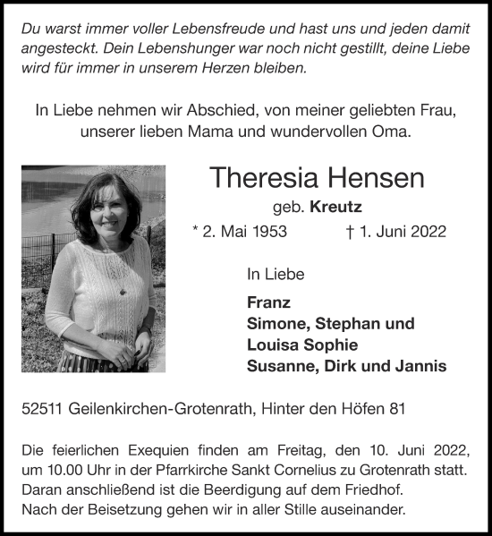 Traueranzeige von Theresia Hensen von Aachener Zeitung / Aachener Nachrichten