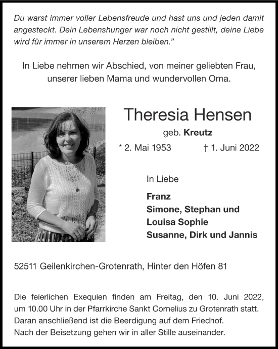 Traueranzeige von Theresia Hensen von Zeitung am Sonntag