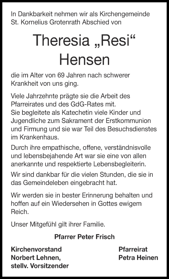 Traueranzeige von Theresia Hensen von Zeitung am Sonntag