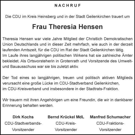 Traueranzeige von Theresia Hensen von Zeitung am Sonntag