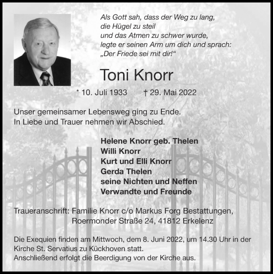 Traueranzeige von Toni Knorr von Zeitung am Sonntag