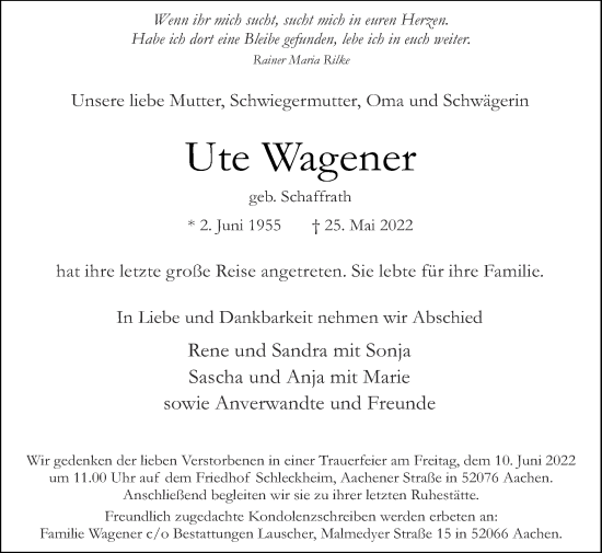 Traueranzeige von Ute Wagener von Zeitung am Sonntag