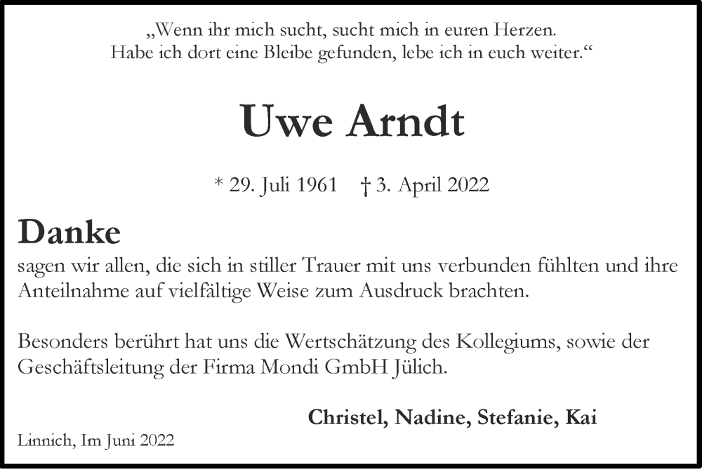  Traueranzeige für Uwe Arndt vom 12.06.2022 aus Zeitung am Sonntag