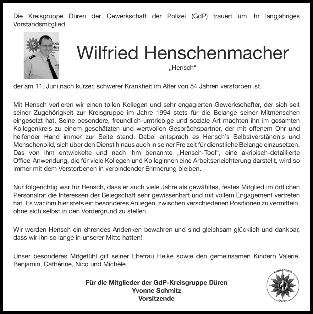  Traueranzeige für Wilfried Henschenmacher vom 19.06.2022 aus Zeitung am Sonntag