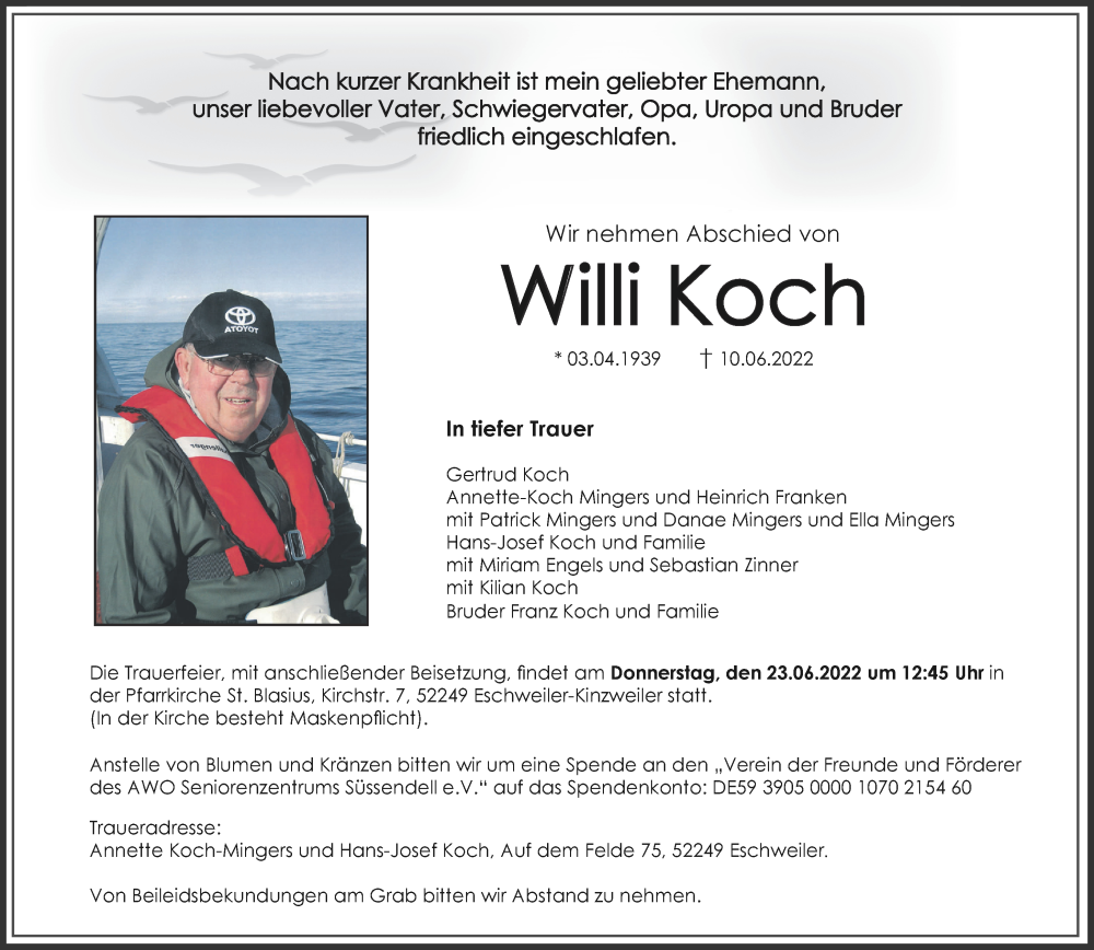  Traueranzeige für Willi Koch vom 18.06.2022 aus Aachener Zeitung / Aachener Nachrichten
