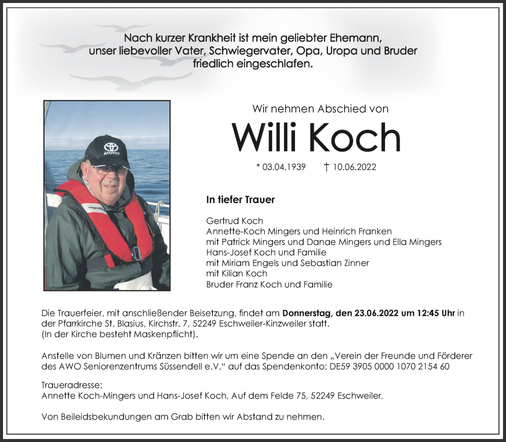  Traueranzeige für Willi Koch vom 19.06.2022 aus Zeitung am Sonntag