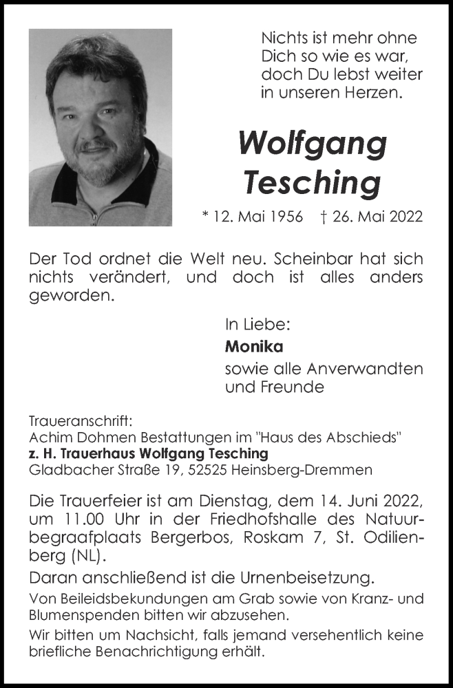  Traueranzeige für Wolfgang Tesching vom 05.06.2022 aus Zeitung am Sonntag