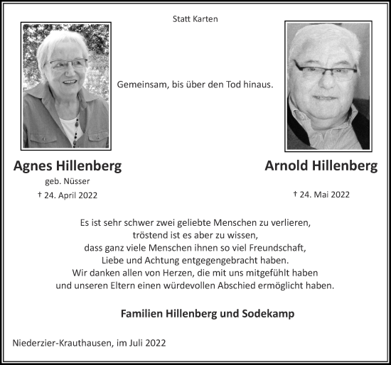 Traueranzeige von Agnes Hillenberg von Zeitung am Sonntag