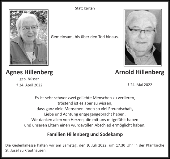 Traueranzeige von Agnes Hillenberg von Zeitung am Sonntag