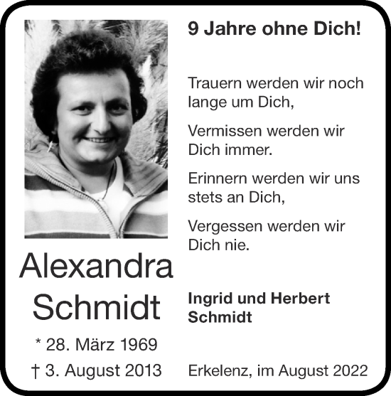 Traueranzeige von Alexandra Schmidt von Zeitung am Sonntag
