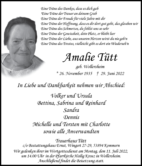 Traueranzeige von Amalie Tütt von Zeitung am Sonntag