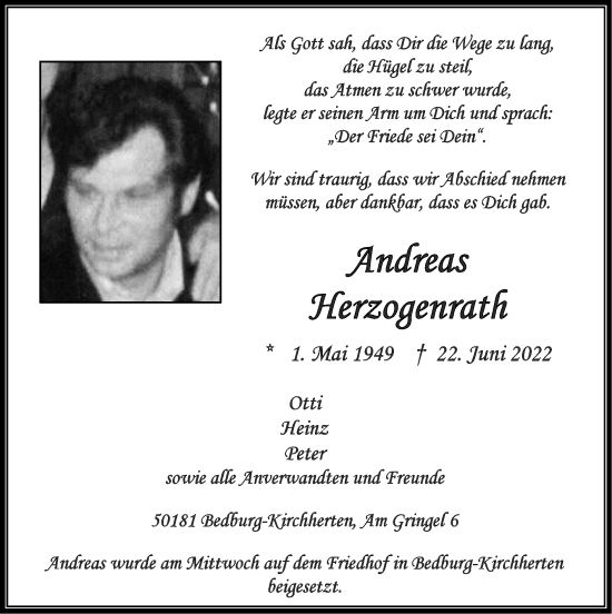 Traueranzeige von Andreas Herzogenrath von Zeitung am Sonntag