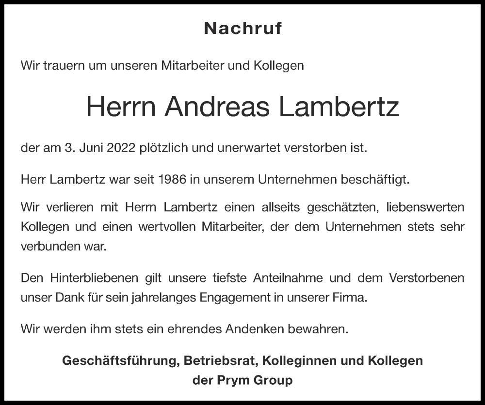  Traueranzeige für Andreas Lambertz vom 10.07.2022 aus Zeitung am Sonntag
