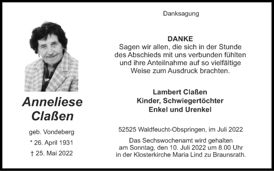 Traueranzeige von Anneliese Claßen von Zeitung am Sonntag