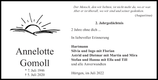 Traueranzeige von Annelotte Gomoll von Aachener Zeitung / Aachener Nachrichten