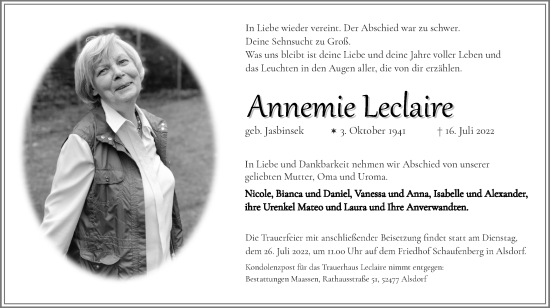 Traueranzeige von Annemie Leclaire von Zeitung am Sonntag