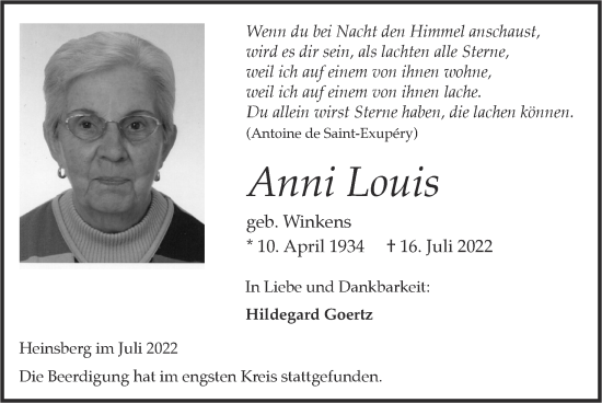 Traueranzeige von Anni Louis von Zeitung am Sonntag