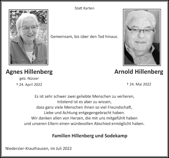 Traueranzeige von Arnold Hillenberg von Zeitung am Sonntag