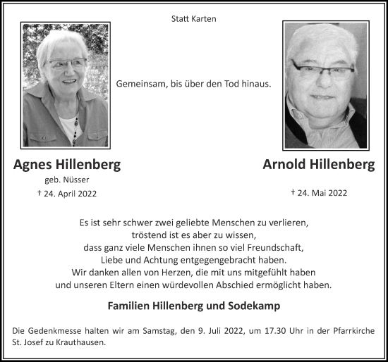 Traueranzeige von Arnold Hillenberg von Zeitung am Sonntag