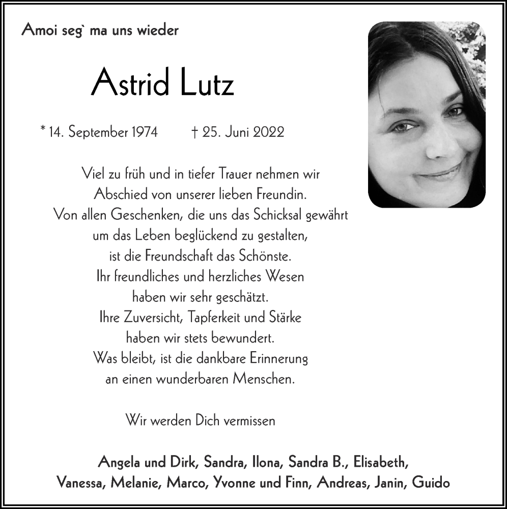  Traueranzeige für Astrid Lutz vom 17.07.2022 aus Zeitung am Sonntag