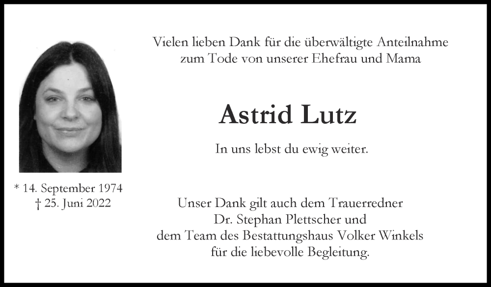  Traueranzeige für Astrid Lutz vom 17.07.2022 aus Zeitung am Sonntag