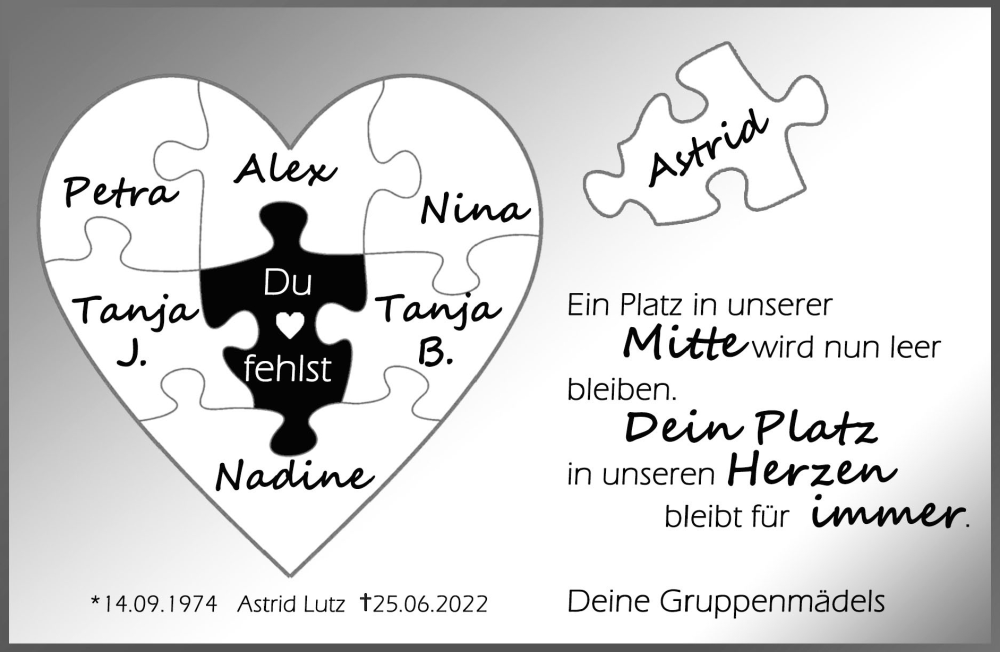  Traueranzeige für Astrid Lutz vom 03.07.2022 aus Zeitung am Sonntag