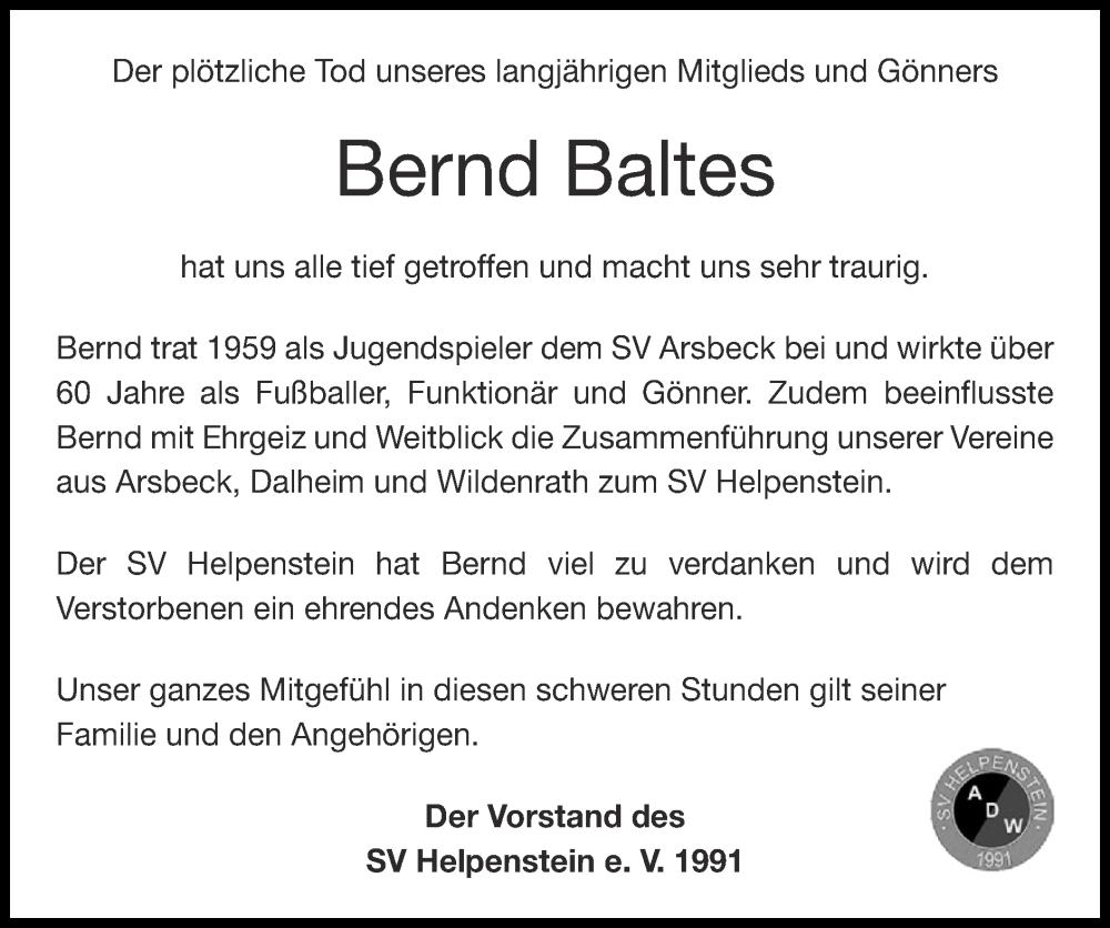  Traueranzeige für Bernd Baltes vom 03.07.2022 aus Zeitung am Sonntag