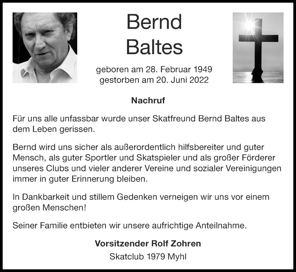  Traueranzeige für Bernd Baltes vom 03.07.2022 aus Zeitung am Sonntag