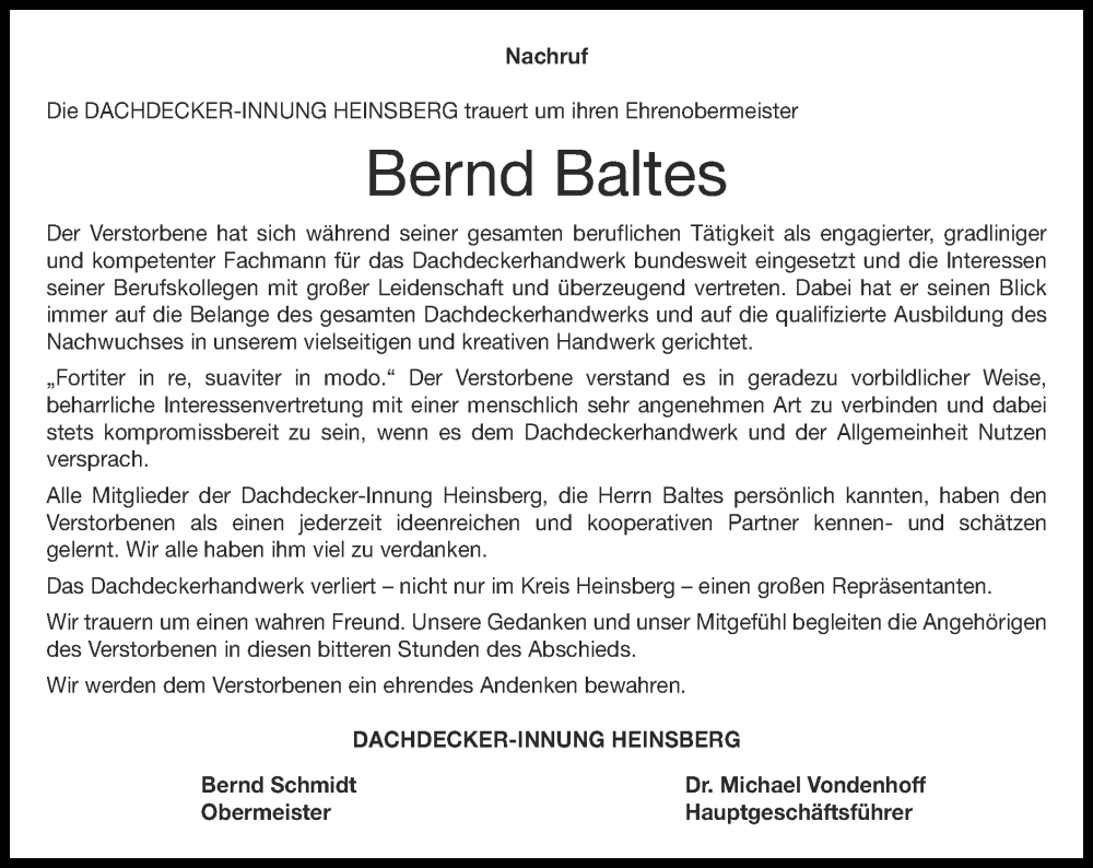  Traueranzeige für Bernd Baltes vom 03.07.2022 aus Zeitung am Sonntag